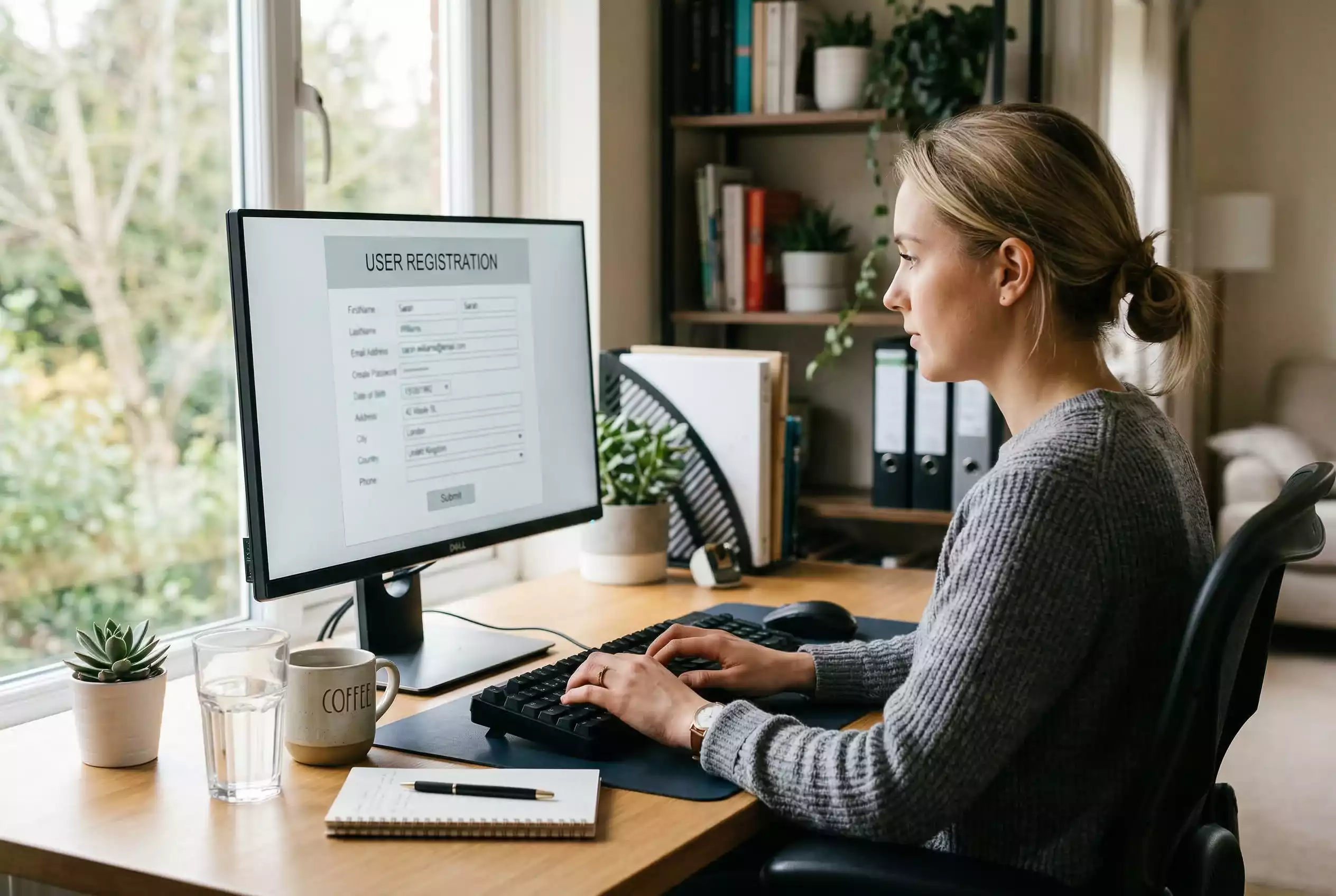 Person füllt Online-Registrierungsformular am Computer aus