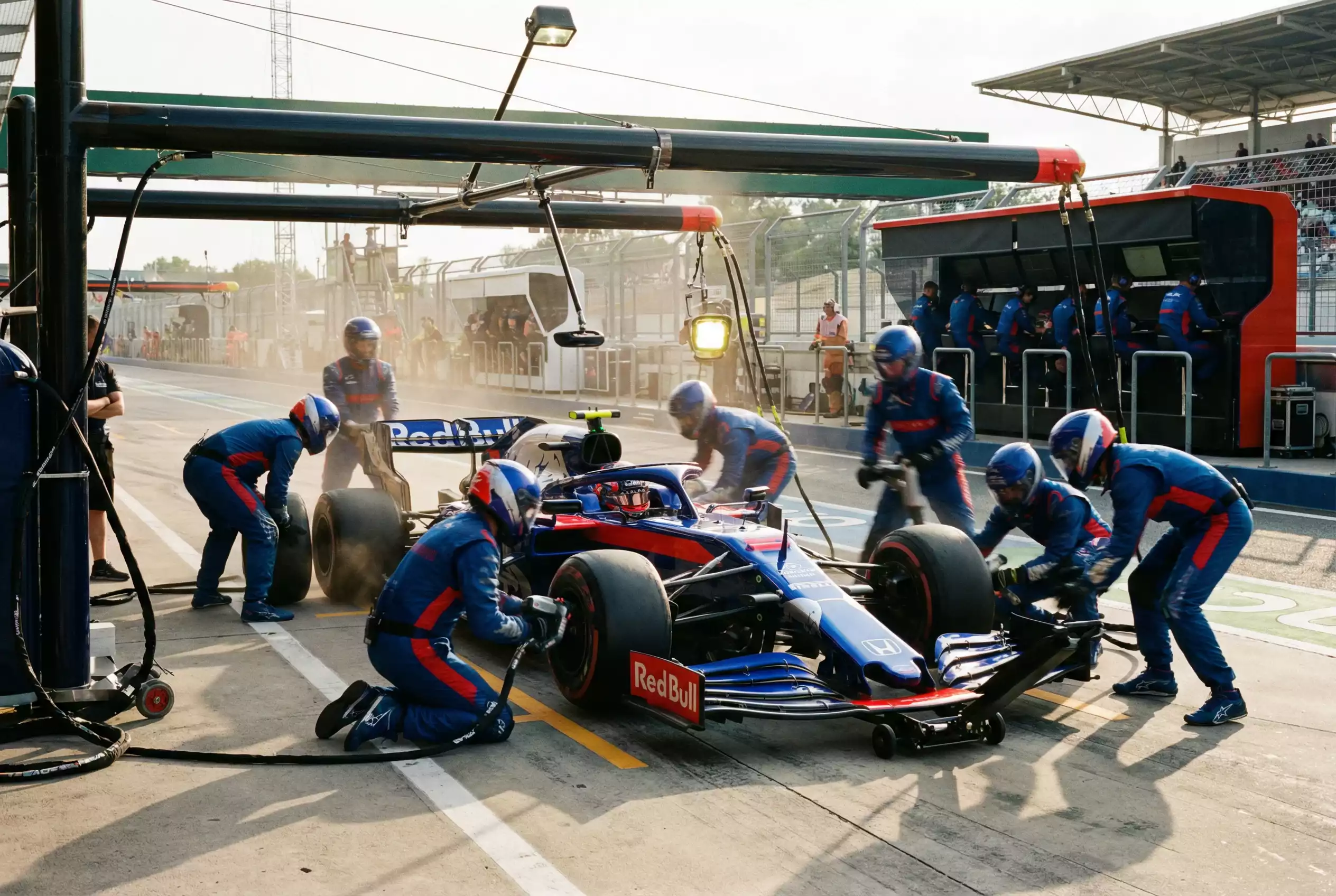 Formel-1-Boxenstopp mit Reifenwechsel und Mechanikern