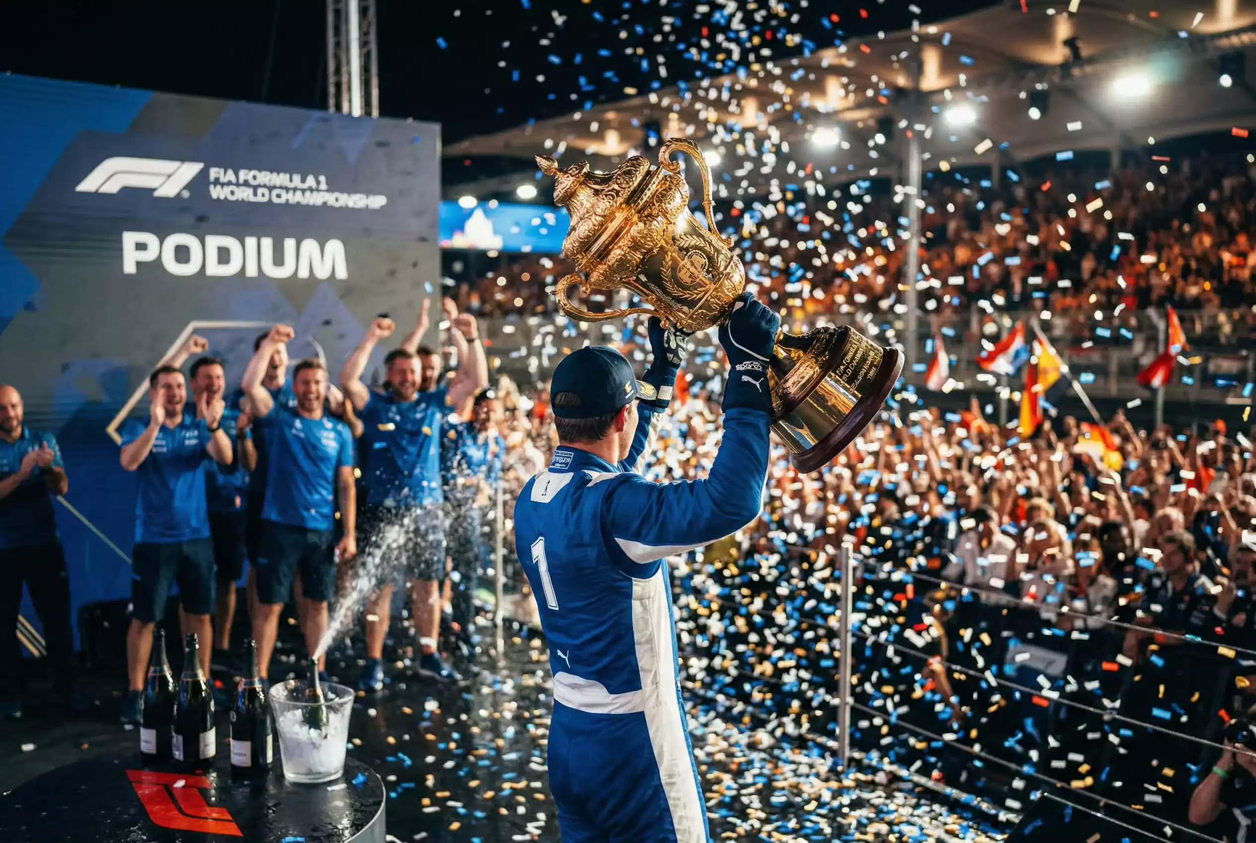 Formel 1 Weltmeister mit Pokal und Champagner