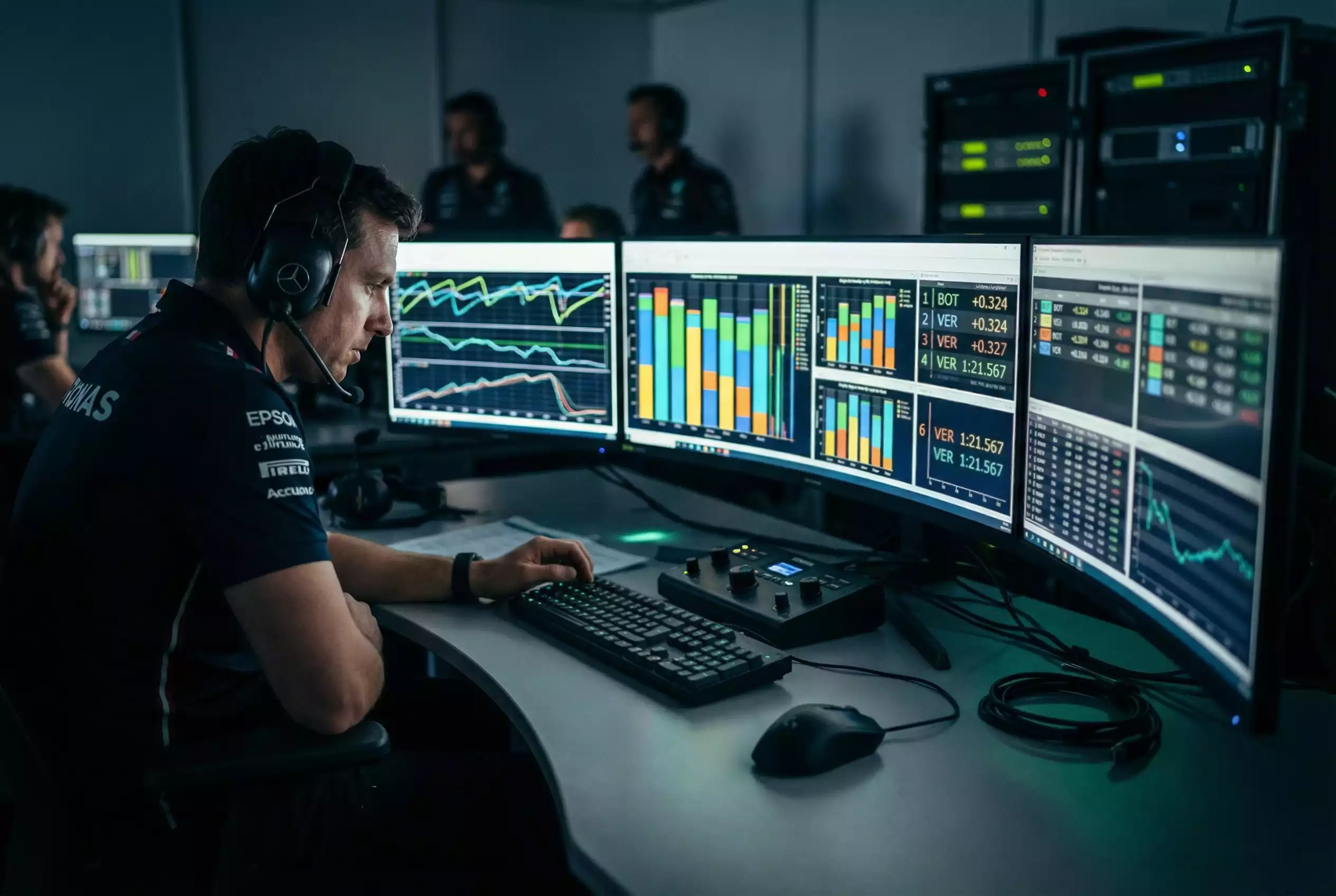 Rennstratege analysiert F1-Livetiming-Daten auf Monitoren